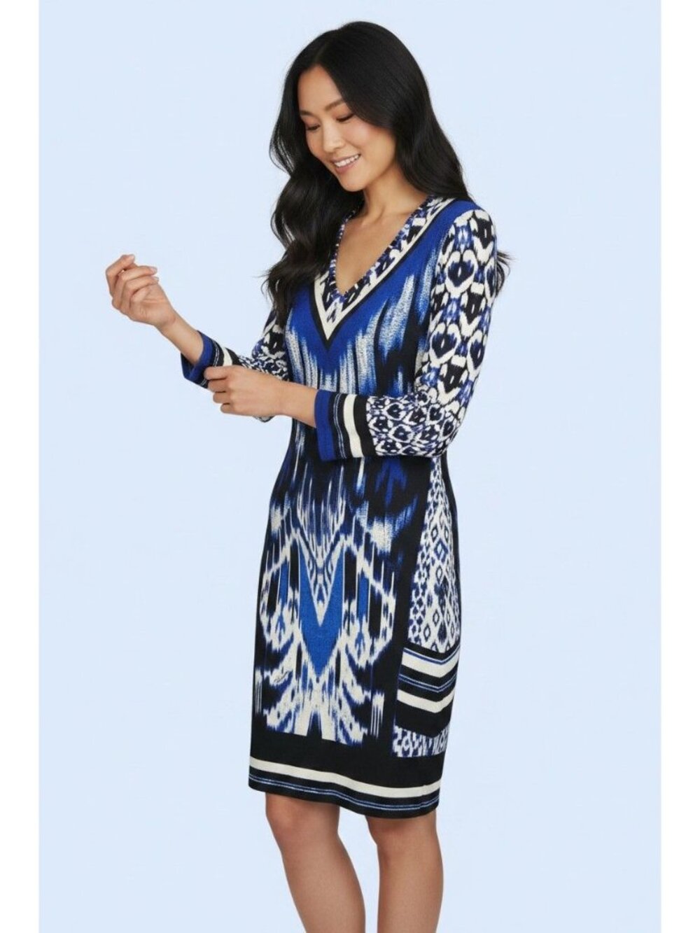 Roberto Cavalli 3/4" sleeve black blue white Sheath Modern Art Dress sz 42 sz 10
